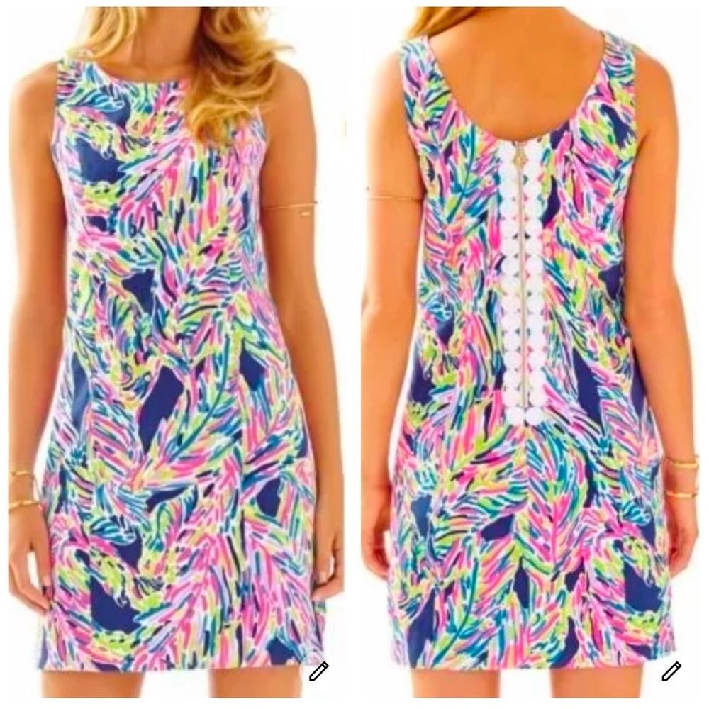 Lilly Pulitzer Indigo Palm Cathy Shift Dress Size 14 Lace Back Tropical